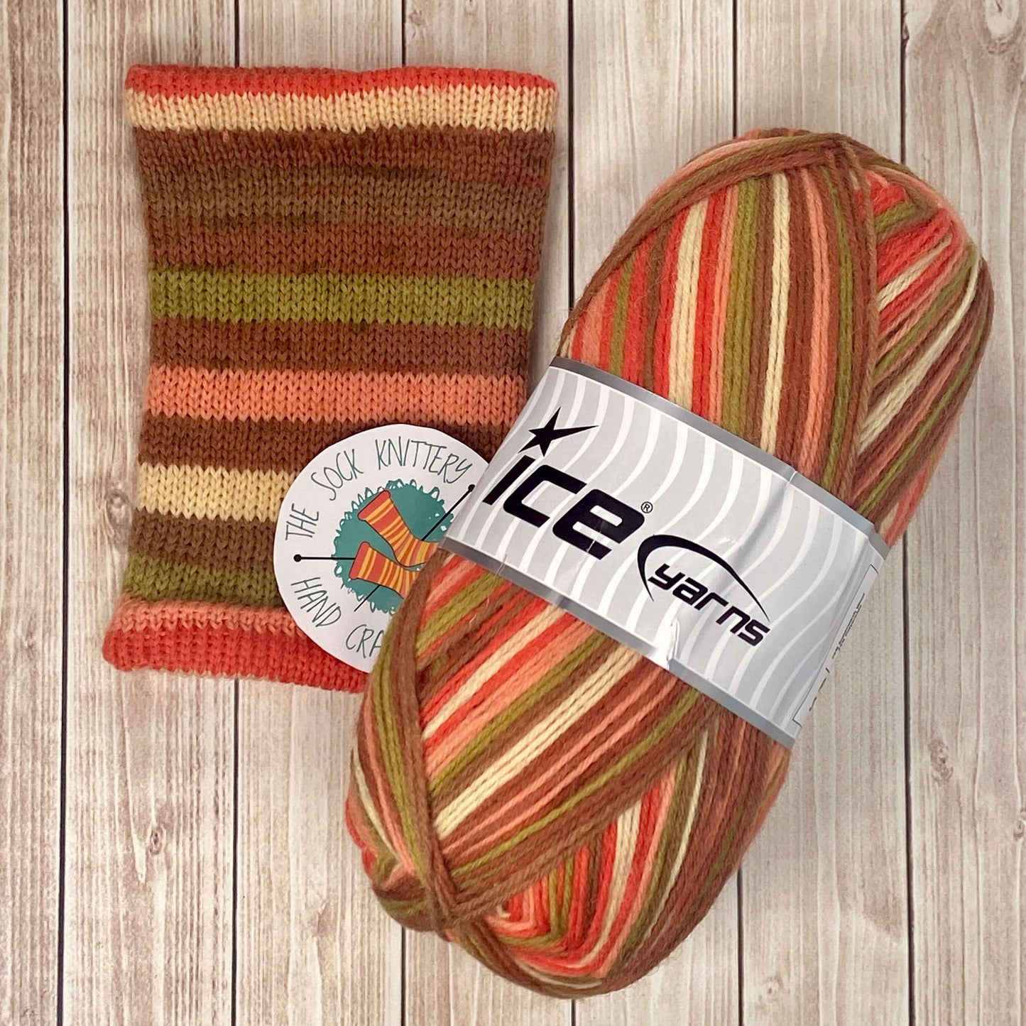 striped sock yarn - brown - orange-green-salmon -by Ice Yarn - The Sock Knittery